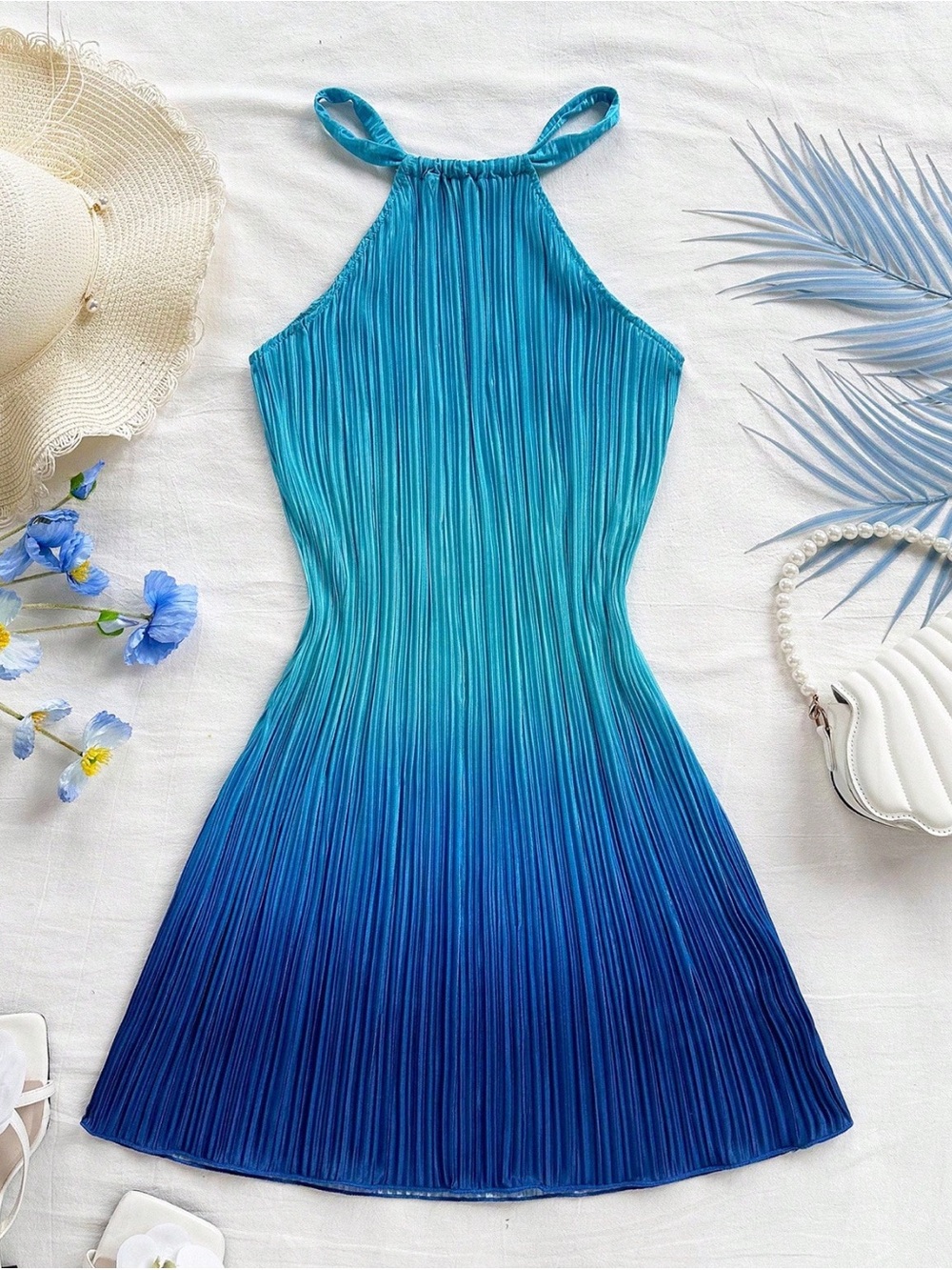 Sleeveless Ombre Blue Pleated Summer Dress